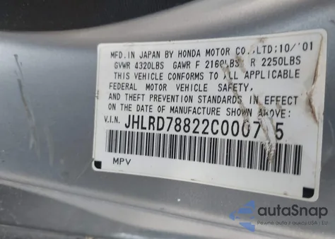 2002 Honda Cr-V Ex z USA, uszkodzony, nr VIN JHLRD78822C000715